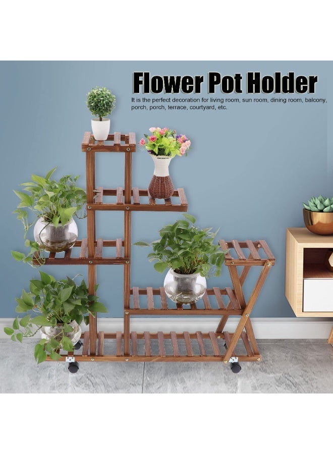6-Tier Wooden Plant Stand with Wheels, Mobile Flower Shelf for Indoor & Outdoor, Solid Spruce Wood Balcony Garden Rack, 30kg Capacity for Pots, Books, Decor - Image 3
